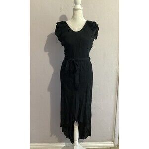 Yohana Baraschi Black Textured Sleeve Waterfall Belted Hi Low Cocktail Dress M